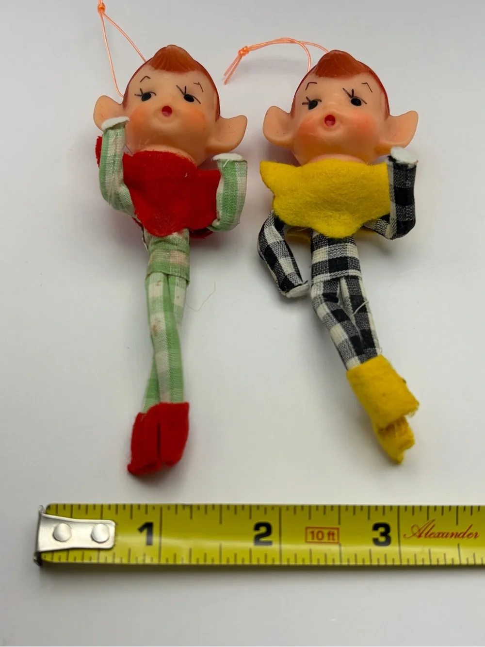 1960s, MCM, Pixie Elf Christmas Ornaments, Checkered Outfits, Japan, 4.25” Tall